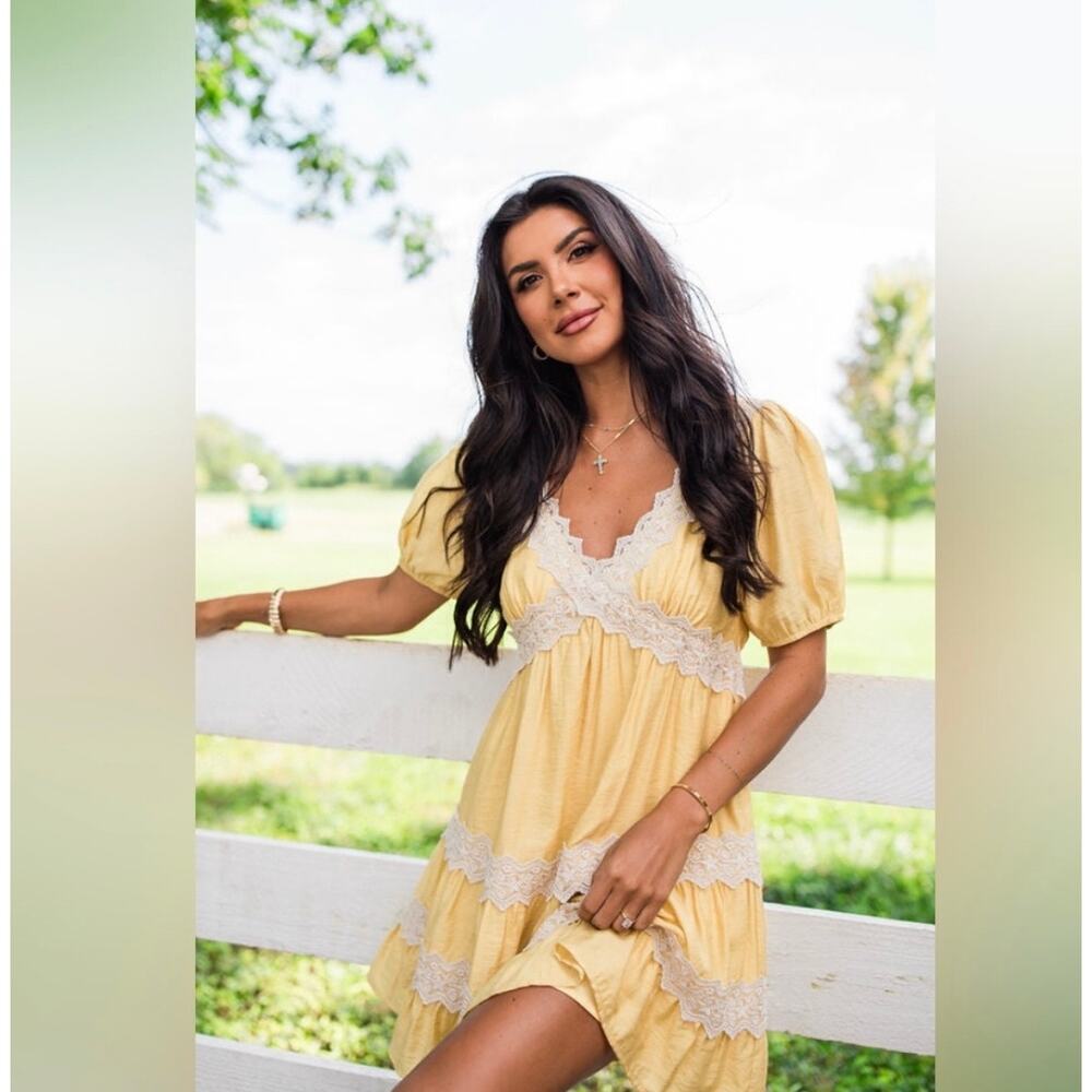 Pink Lily Savor This Feeling S Babydoll Mustard Lace Mini Dress Prairie Tiered